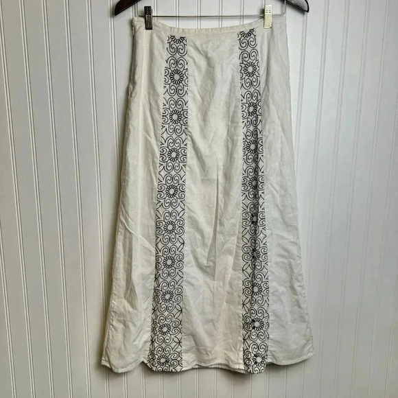 Tweeds Ivory Embroidered Linen Blend Maxi Skirt Lined size 4 P30 - Picture 3 of 5